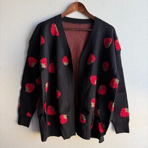 Women's Black Strawberry Print Knit Cardigan Sweater Long Sleeve Open Front XXL